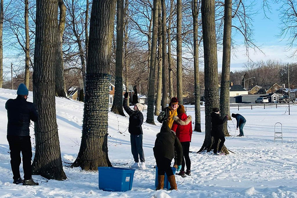 Volunteers putting lights on trees